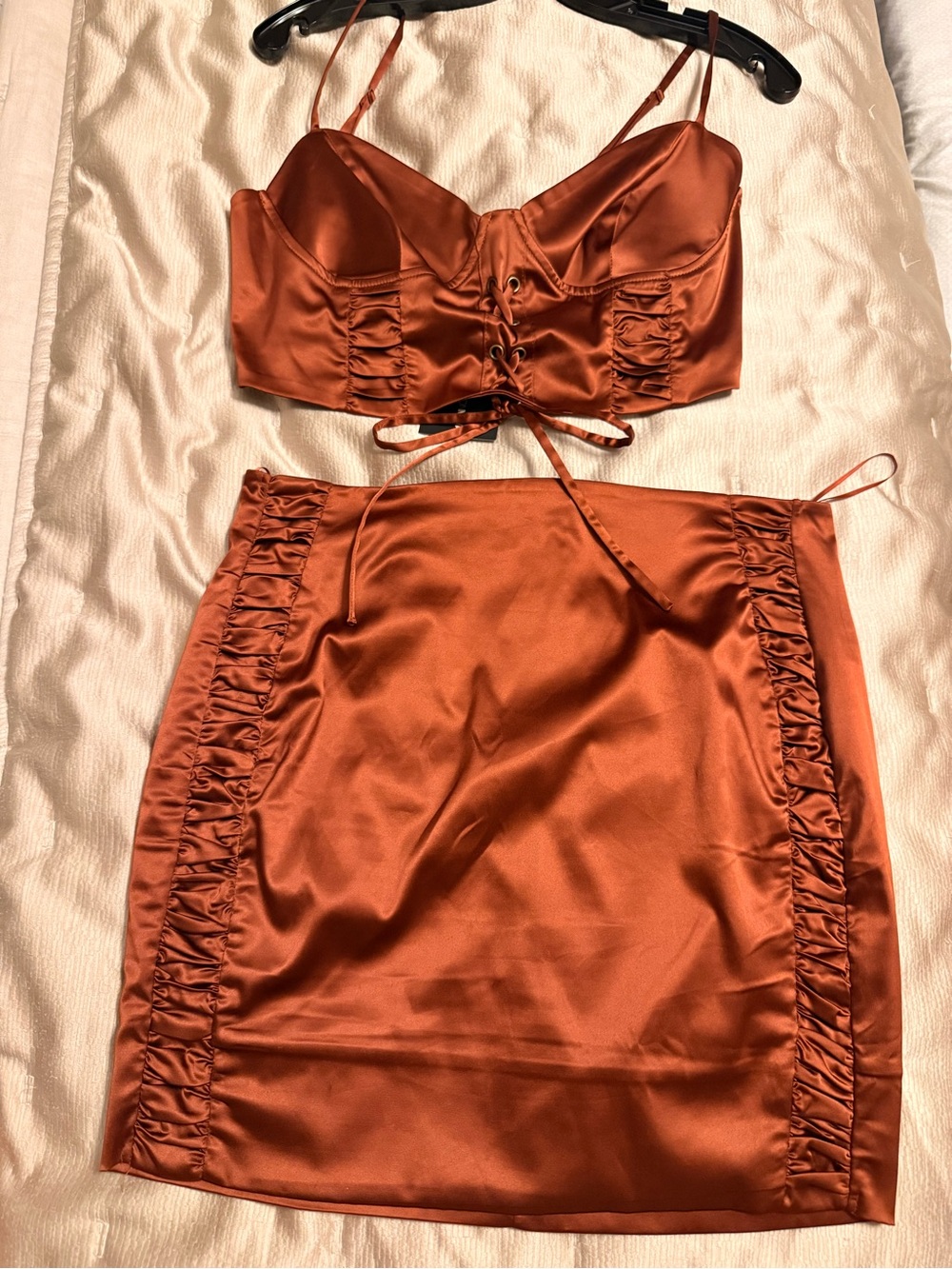 Satin Lace-Up Ruched Mini Skirt set - Rust Red - Picture 2 of 4
